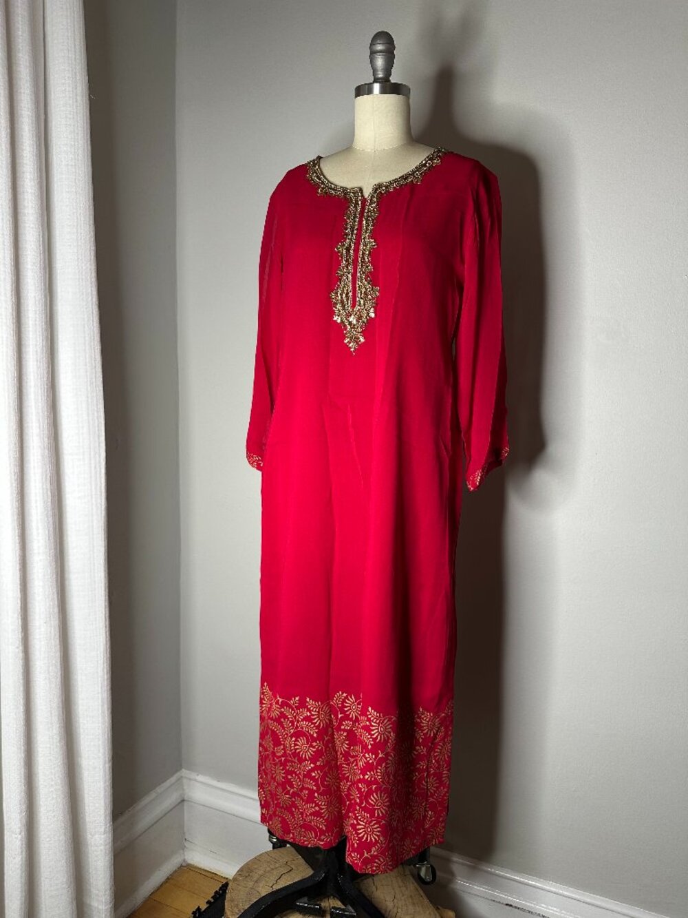 Red Embroidered Caftan Dress | Gold Hand Embroidery